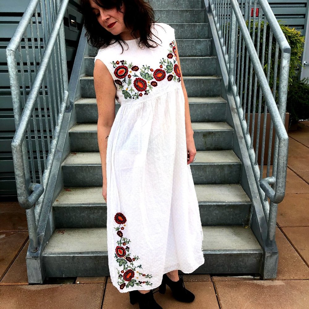 Zara White Maxi Dress with Red & Green Floral Embroidery